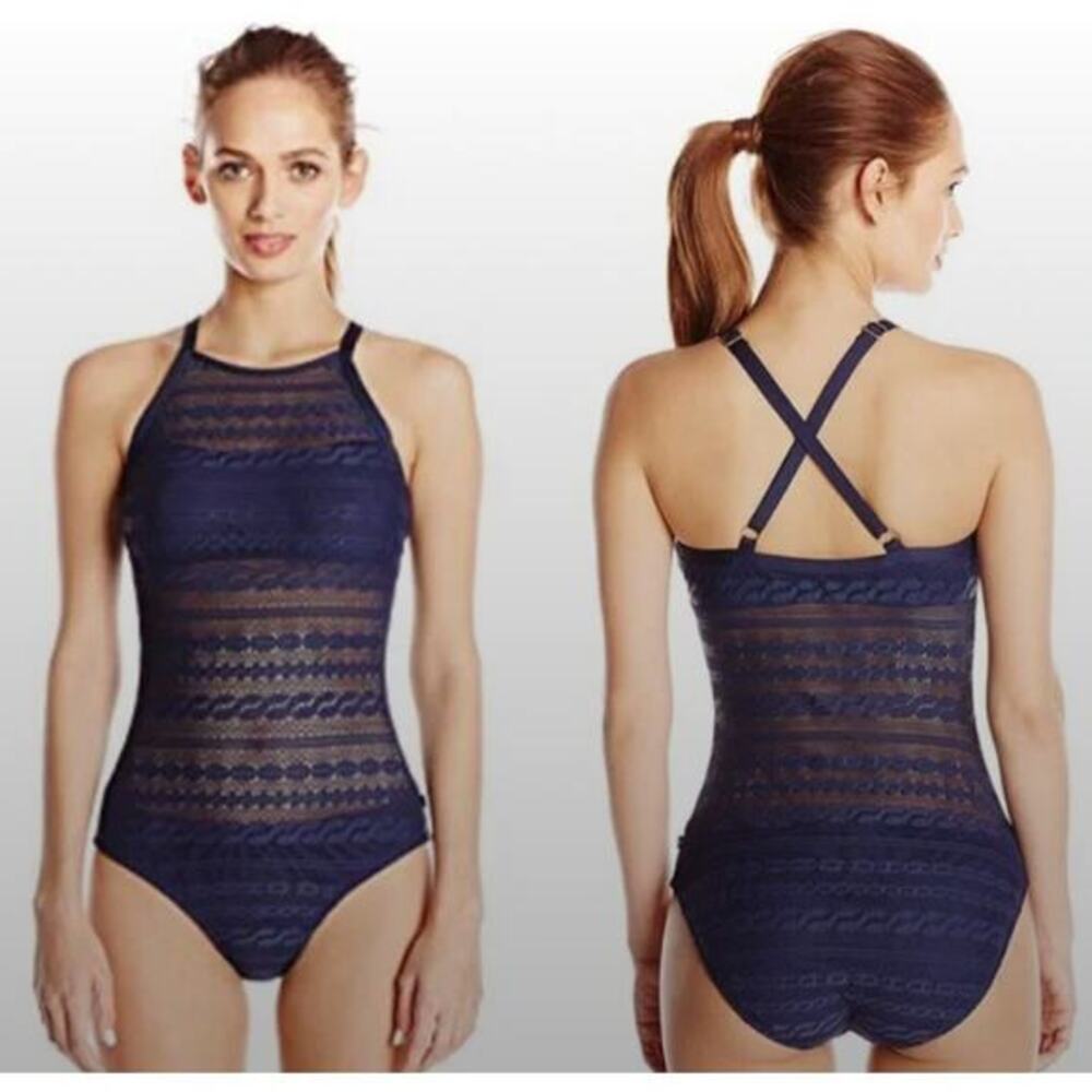 Navy Blue Lace High Neck One Piece Swimsuit Women's Bathing Suit Size 14‎